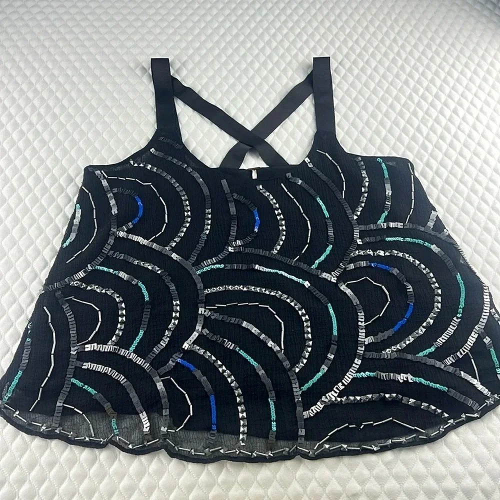 Free People Beaded Criss Cross Back Strap Crinkle Sheer Swing Tank Top Size S